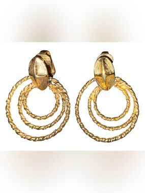 Vintage Gold Tone Triple Twisted Hoop Clip On Earrings Retro Statement 1980s